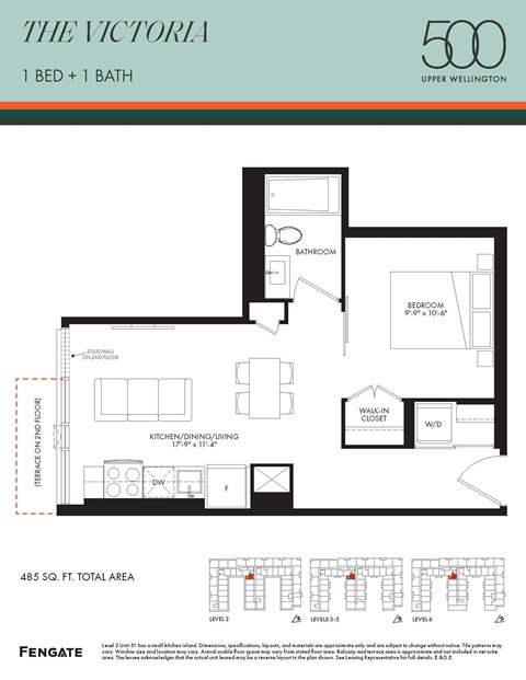 Floor plan for 1 bed, 1 bath, 485 sqft